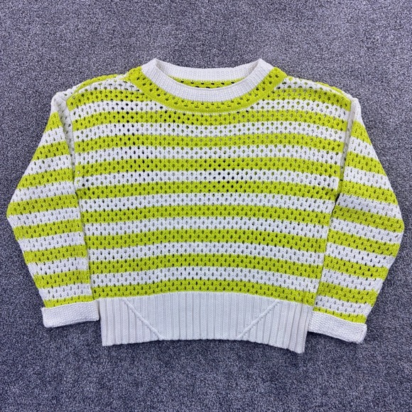 Tribal Sweaters - Tribal Crochet Sweater Women's Large Lime Green White Striped Open Knit